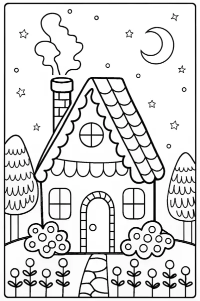 Gingerbread House Under the Moonlight Coloring Page