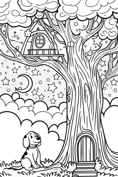 The Starry Dreams Treehouse Coloring Page