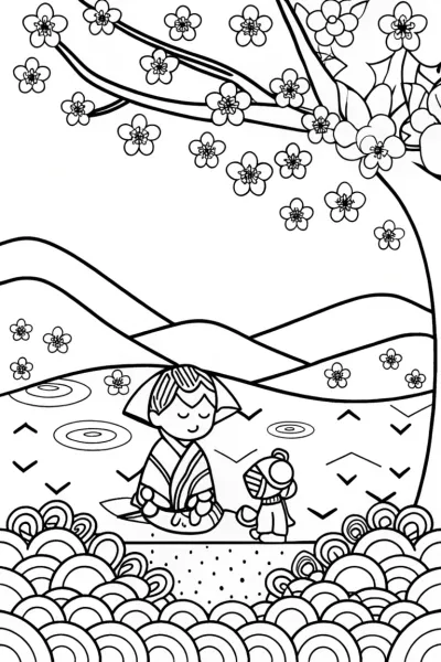 Beneath the Cherry Blossom Canopy Coloring Page