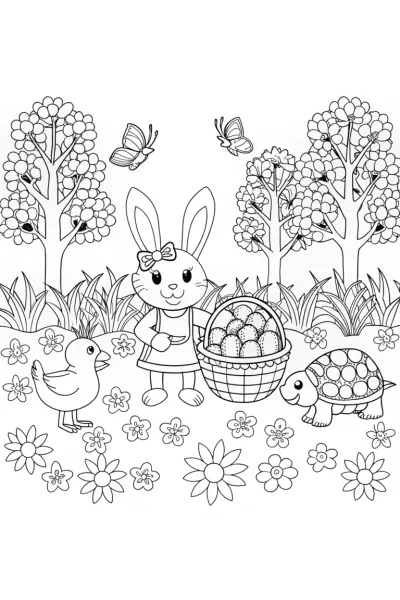 Easter Picnic with Bunny, Chick, and Tortoise Coloring Page