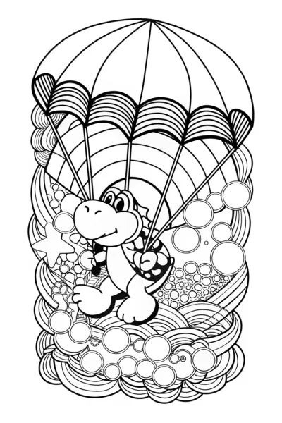 Yoshi floating through bubbles