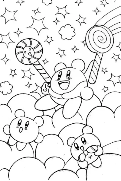 Kirby’s Sweet Adventure on Candy Clouds Coloring Page