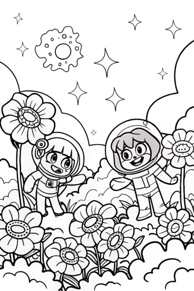 Anime Astronauts in a Cosmic Garden Coloring Page