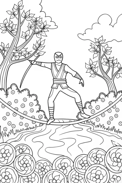 Ninja on a Floating Bridge Coloring Page
