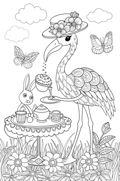 Flamingo Garden Tea Party Coloring Page