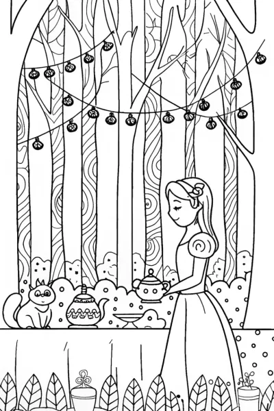 Barbie’s Magical Tea Time in the Forest Coloring Page