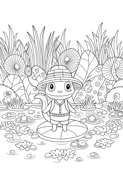 Axolotl Explorer in the Enchanted Marsh Coloring Page