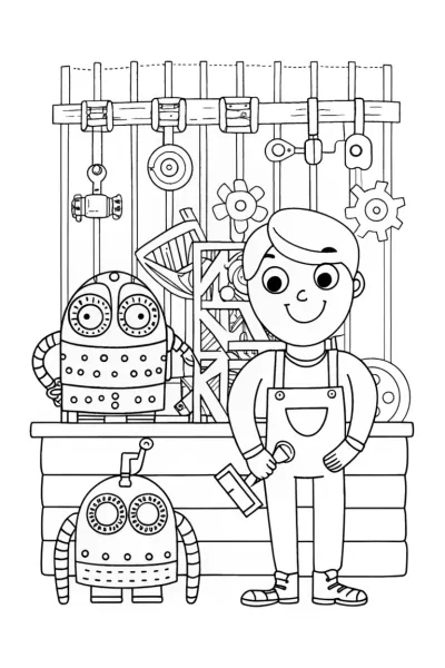 JJ’s Fun Robot Workshop Coloring Page