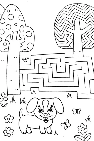 Puppy in a Puzzle Maze Coloring Page