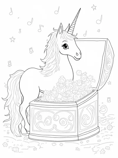 Unicorn exploring a music box