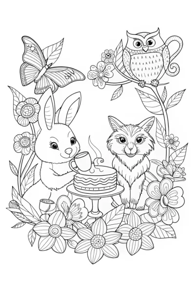 Springtime Tea Party with Rabbit and Fox Coloring Page