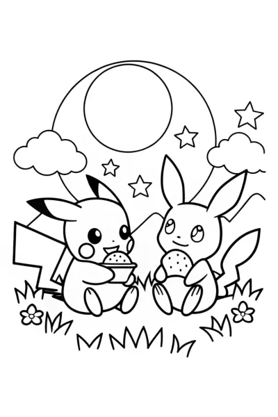 Pikachu’s Magical Moonlight Picnic Coloring Page
