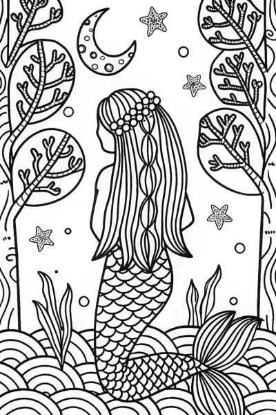 Mermaid’s Cosmic Reflection Coloring Page
