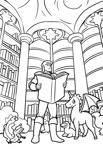Captain America in a Mythical Library Coloring Page