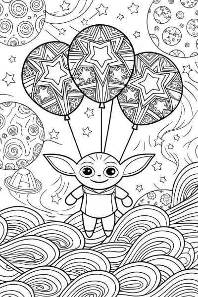 Baby Yoda’s Galactic Balloon Adventure Coloring Page