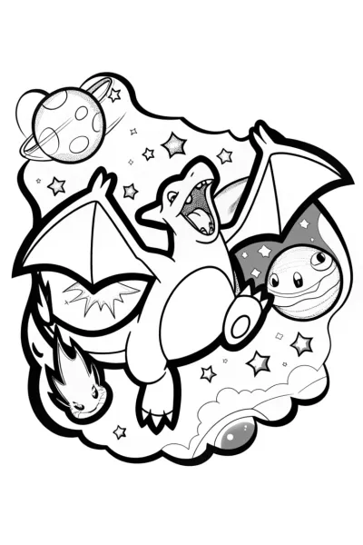 Charizard soaring through the stars coloring page