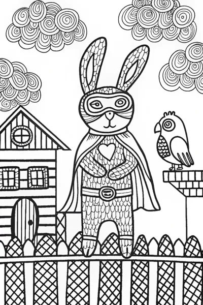 Epic Superhero Rabbit and Parrot Coloring Page