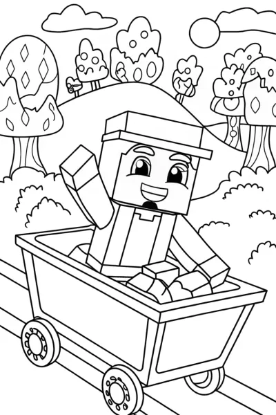 Minecraft Character Enchanted Minecart Ride Coloring Page