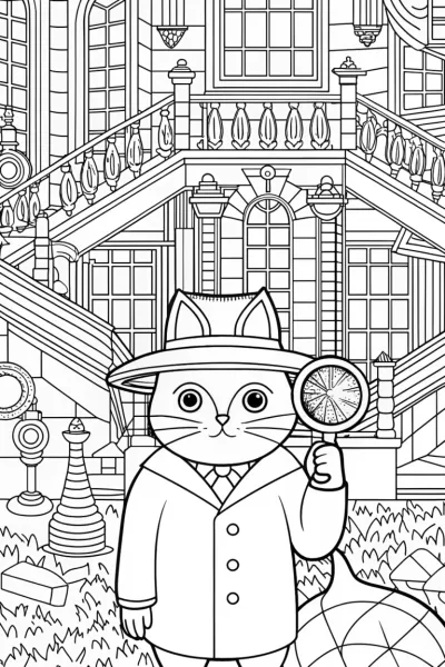 Cat Detective in a Mystery Mansion Coloring Page