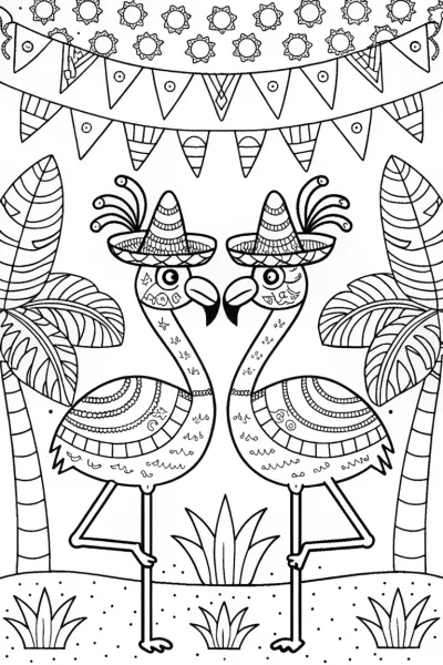 Flamingos in a Fiesta Coloring Page
