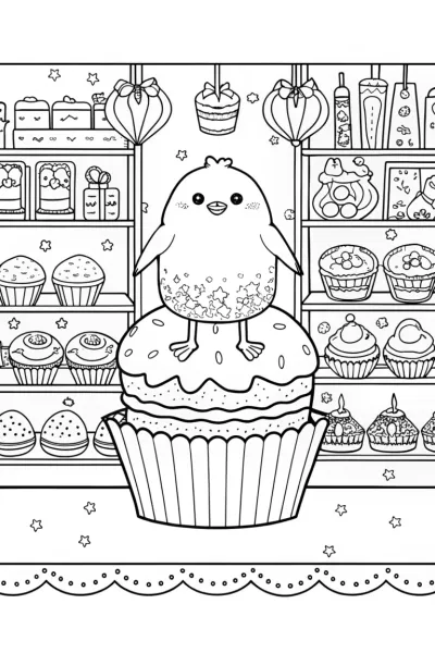 Chick’s Adventure in the Enchanted Bakery Coloring Page