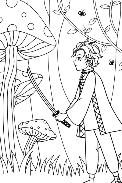 Demon Slayer in a Whimsical Forest Coloring Page
