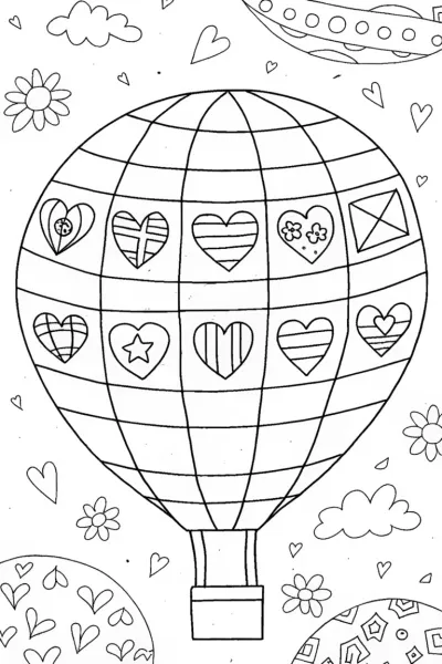 Heart-Shaped Hot Air Balloon Coloring Page
