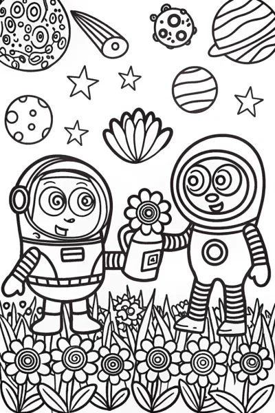 Bluey and Bingo’s Space Garden Adventure Coloring Page