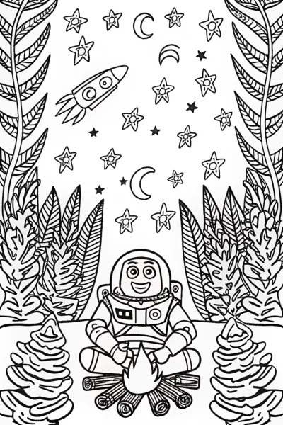 Buzz Lightyear’s Cosmic Campfire Coloring Page