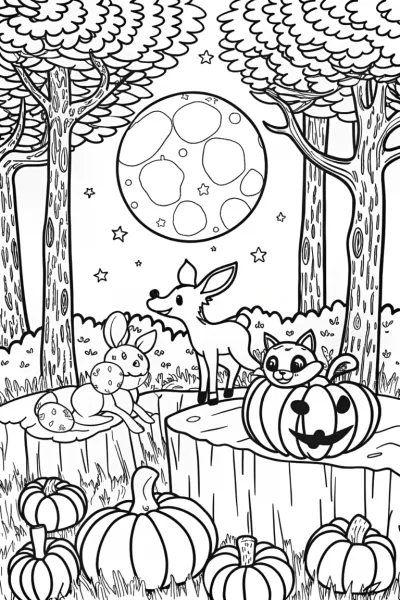 Whimsical Harvest Moon Gathering Coloring Page