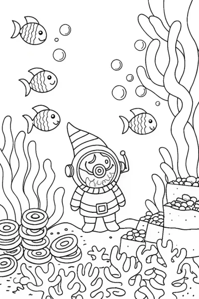 Gnome Underwater Adventure Coloring Page