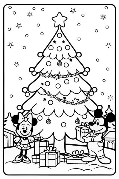 Mickey and Minnie Christmas Tree Coloring Page