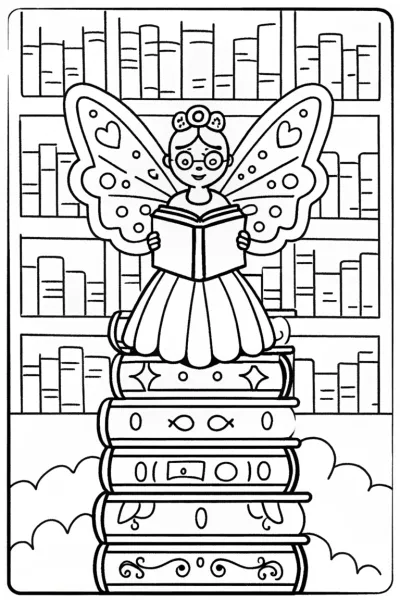 Whimsical Fairy Librarian Coloring Page