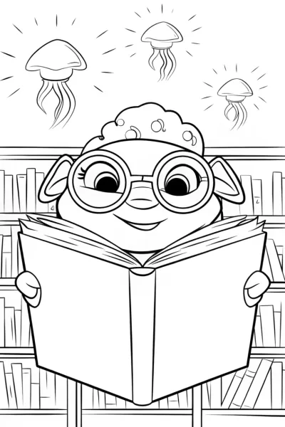 Axolotl in a Magical Underwater Library Coloring Page