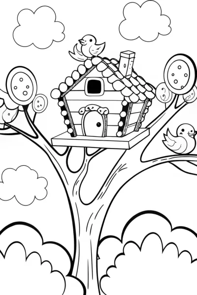 Gingerbread House Treetop Adventure Coloring Page