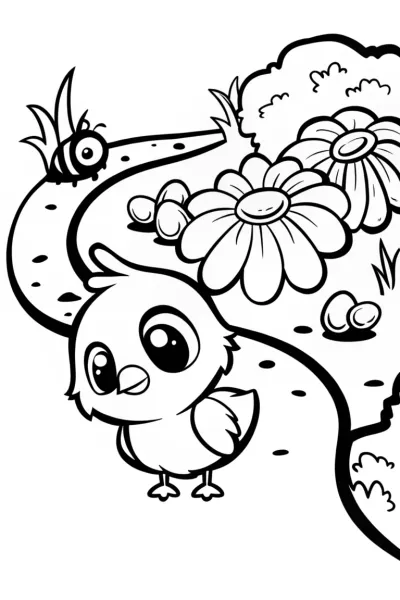 Chick’s Colorful Garden Quest Coloring Page
