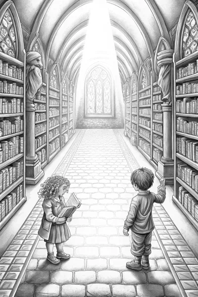 Children exploring a magical library