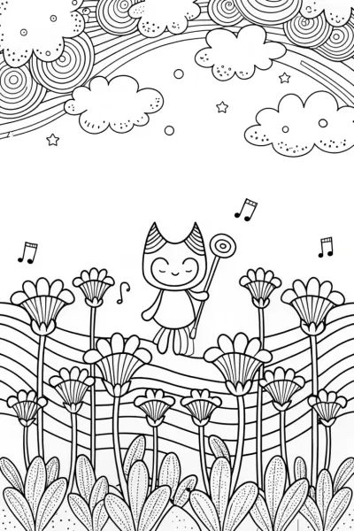 Kuromi’s whimsical musical garden coloring page