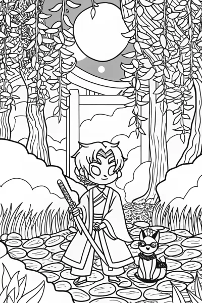 Demon Slayer in the Moonlit Garden Coloring Page