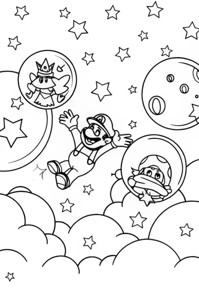 Mario’s Bubble Bliss in the Sky Coloring Page