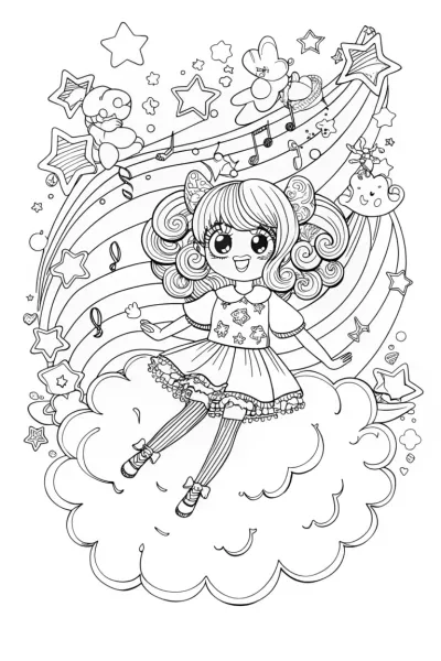 Cheerful Anime Girl Dreaming on a Cloud Coloring Page