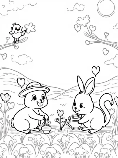 Bunny and squirrel in a heart garden