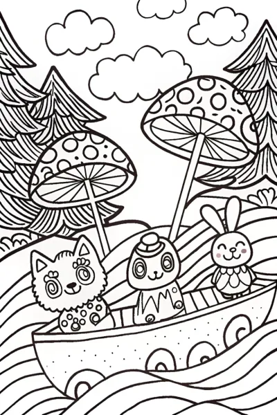 Mushroom Parade on a Raft Coloring Page