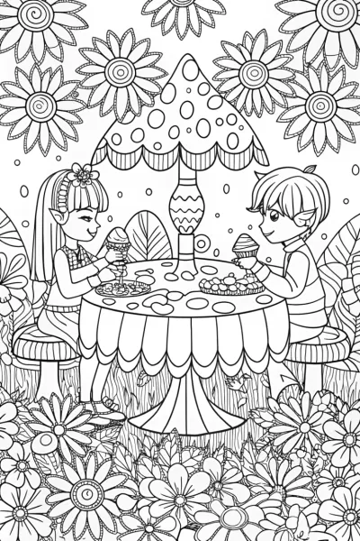 Anime Garden Tea Party Coloring Page