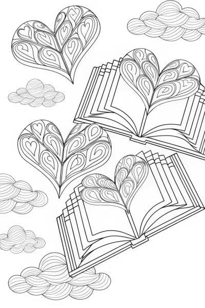 Flying heart-shaped books