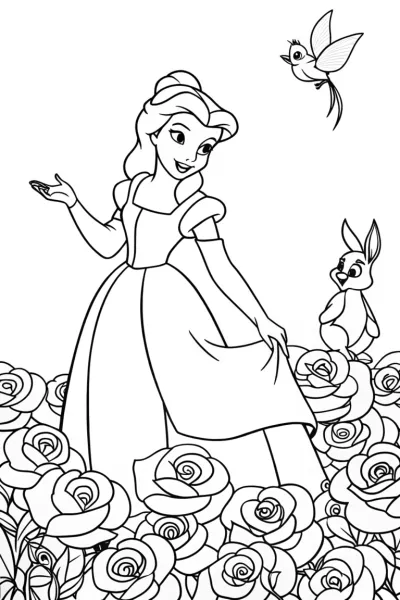 Belle in the Enchanted Rose Garden Coloring Page