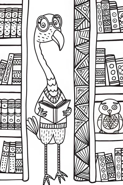 Flamingo Librarian in a Whimsical Library