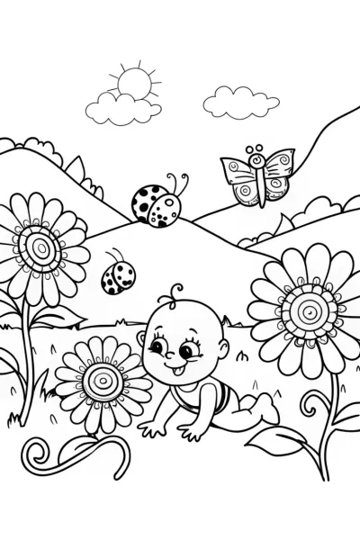 Baby’s whimsical garden exploration coloring page