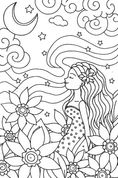 Mermaid in the Celestial Garden Coloring Page
