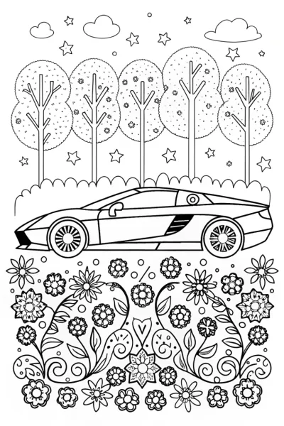 Lamborghini in a magical garden scene